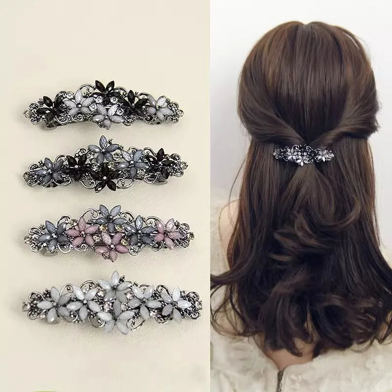 The new Korean version of the crystal flower spring hairpin elegant rhinestone wild ponytail hairpin women's hair accessories