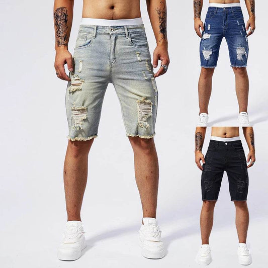 2025 Summer New Men's Ripped Denim Shorts Fashion Vintage Hole Streetwear Stretch Slim Knee-length Short Pants Trendy Brand Male - AIAZ