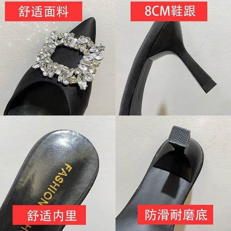 Women Sandals Summer New Slippers Pointed Toe Slingback Mules Shoes Woman Fashion Rhinestone Ladies High Heels Sexy Party Pumps - AIAZ