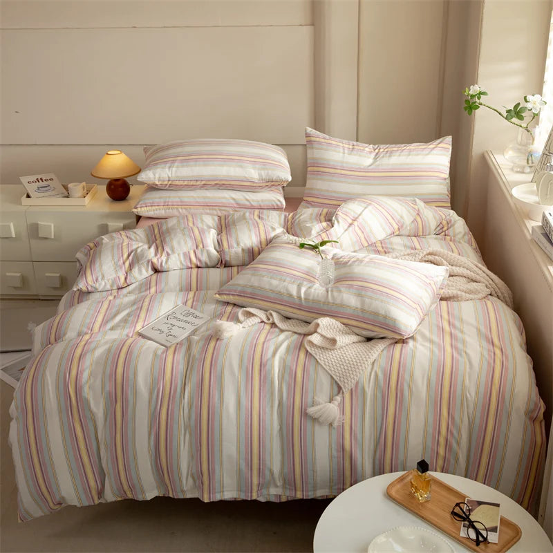 Striped Duvet Cover Set Queen 100% Washed Cotton Bedding Set, Luxury Soft Pink Vertical Ticking Stripes Comforter Cover, (3pcs)