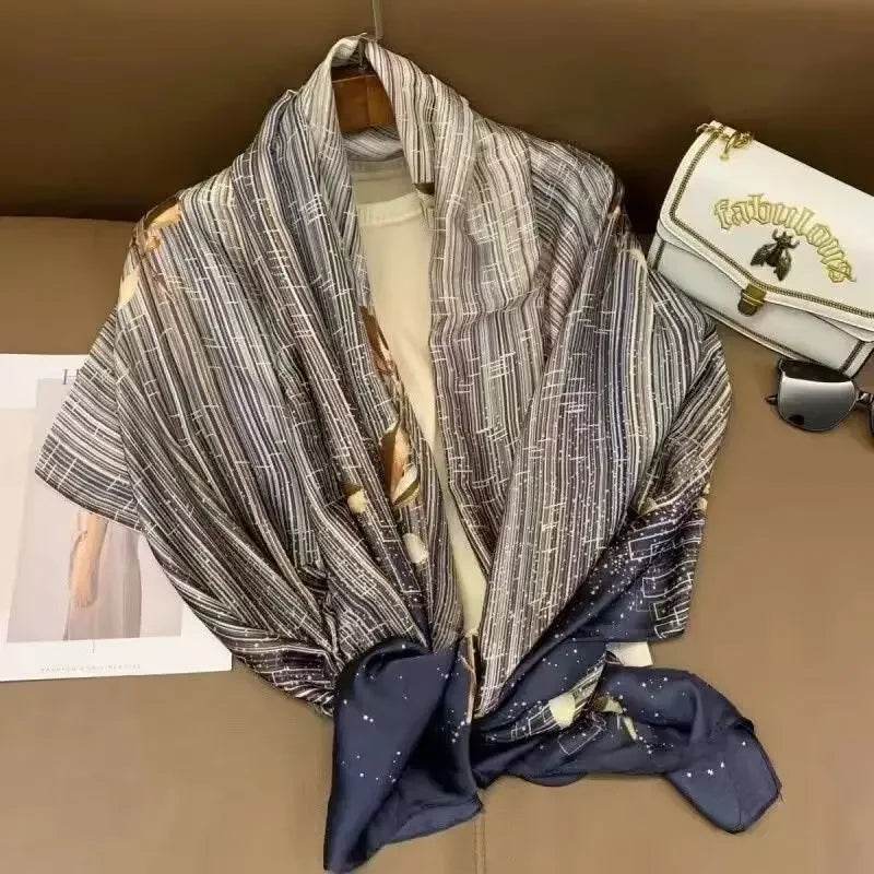 New Summer Women's Silk Scarf Sun Protection Satin Print Extra Long Beach Cover Up Decorative Mom's Shawl Fashionable Accessory - AIAZ