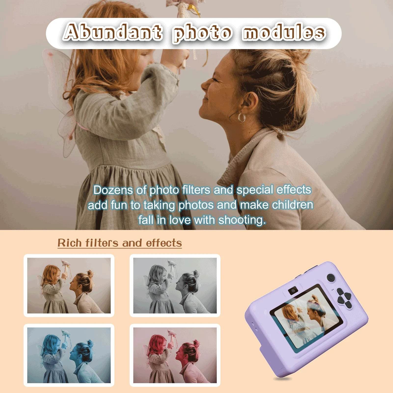 2.8 Inch Large Screen Instant Print Camera, HD Digital Video Camera for Kids, Outdoor Zero Ink Portable Print Toy Camera - AIAZ