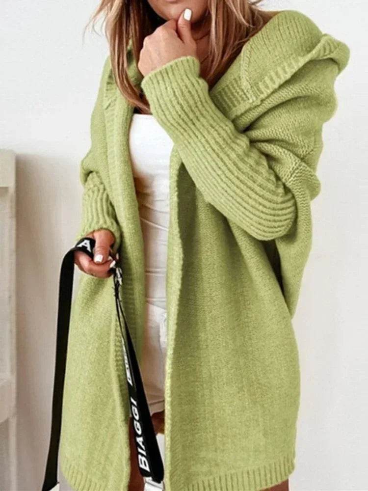Women's Long Hooded Knitted Cardigan Sweater Warm Winter Overcoat Loose Fit Ladies Jumper Coat Knitwear Comfortable Knit - AIAZ