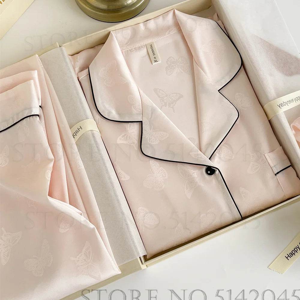 Summer Short Sleeve Pajamas Set Trouser Suits Women Sleepwear Elegant Pink Jacquard Butterfly Pyjama Pour Femme Satin Homewear - AIAZ