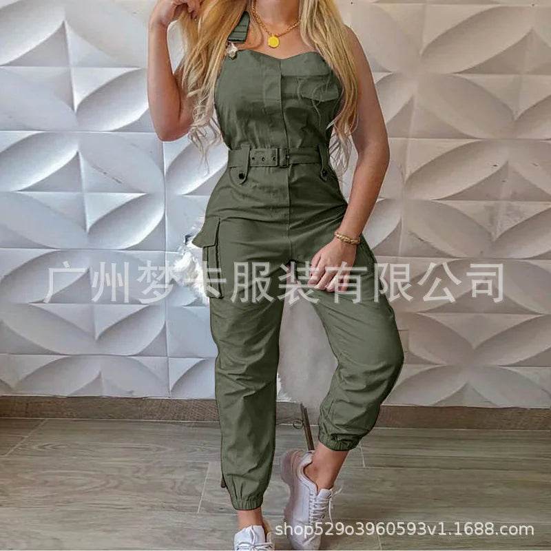 2025 Women's Casual Jumpsuits Cargo Playsuit Sleeveless O Neck Jumpsuit With Pocket and Belt Elegant Pencil Pants Loose Overalls - AIAZ