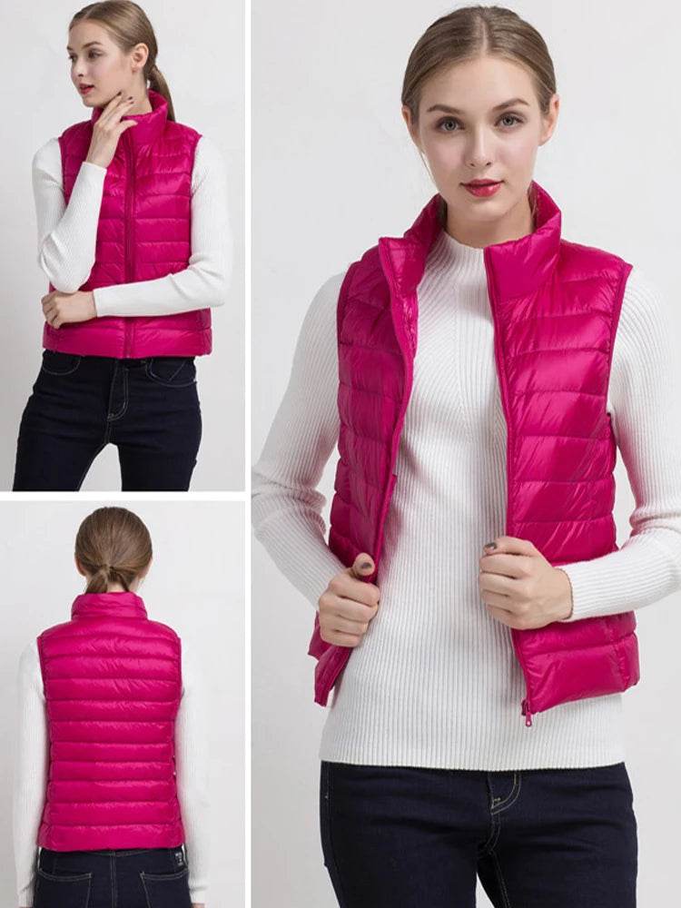 0-10℃ Women Vests Autumn Winter Ultra Light Duck Down Vest Female Slim Sleeveless Jacket Windproof Warm Puffer Waistcoat 4XL - AIAZ
