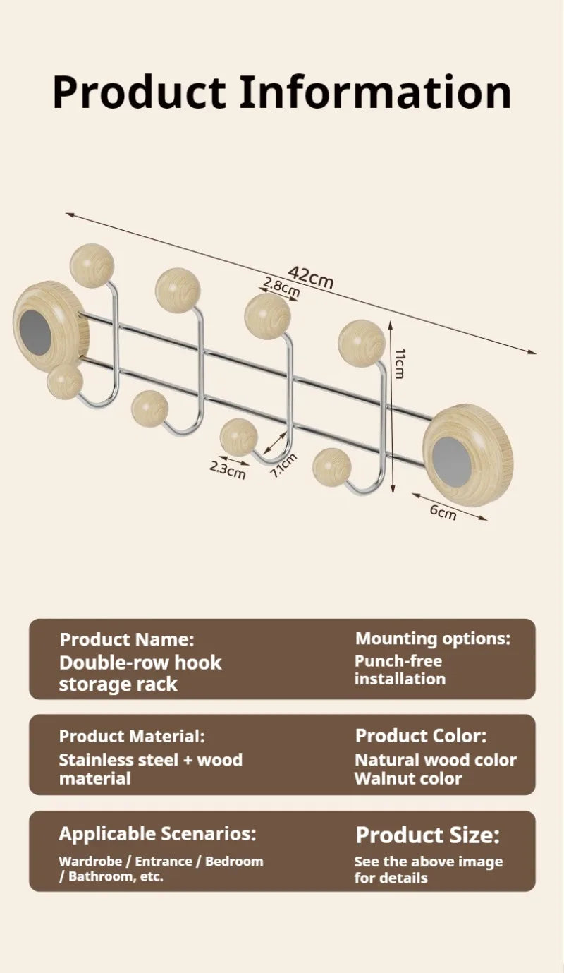Stainless Steel Double Rows Door Hooks Simple Wood Grain Strong Adhesive Hooks Creative Multifunctional Art Home Decoration