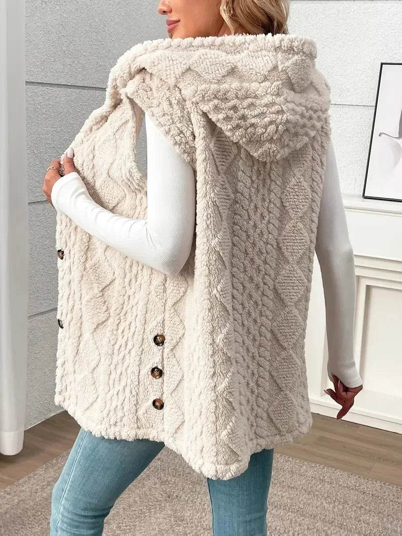 VigoCasey 2025 Casual Sleeveless Thick Vest Coat Woman Solid Hooded Warm Plush Waistcoat Lady Autumn Winter Apricot Vest Jacket - AIAZ
