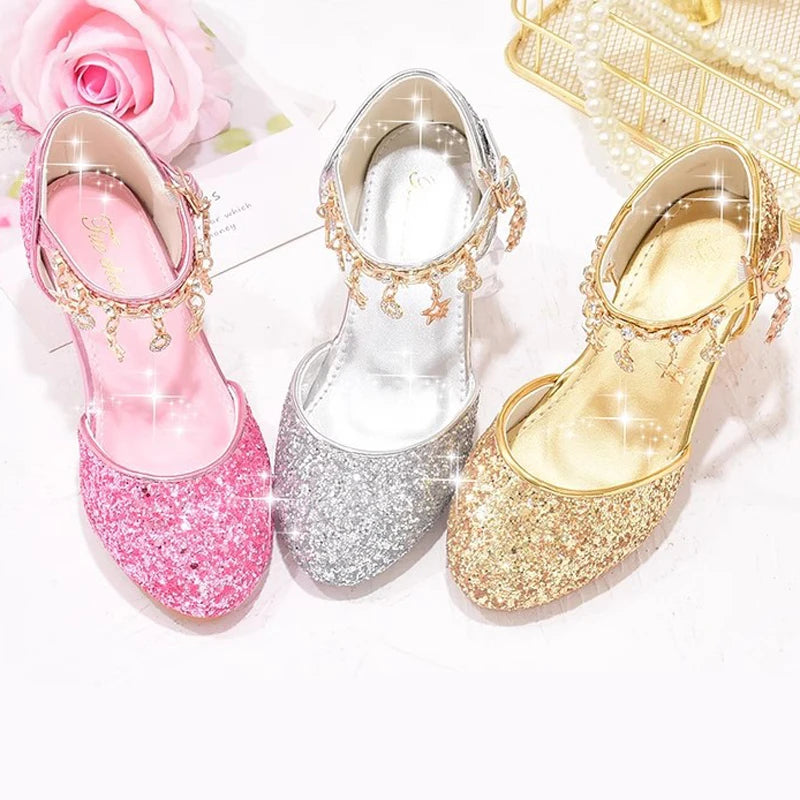 Heeled Dancing Shoes Due To Gold for Girls Glitter Shoes Heels Girls Princess Flowergirl Dresses Golden Girl Child Shoe for Wed