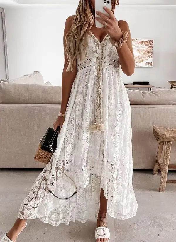 Women's Dress White Hollow Out Cotton Sundress Lace Sleeveless Long Splicing Summer Party Elegant Evening Woman Skirt Clothing - AIAZ