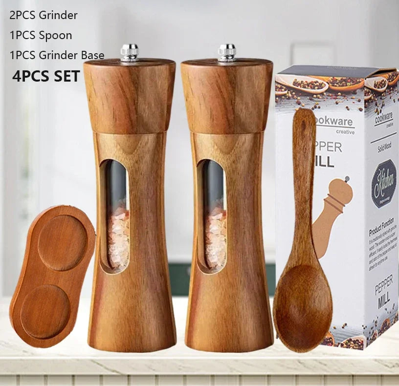 Wood Pepper Grinder Shaker Adjustable Ceramic Core Grinding Bottle with Base Wood Salt Pepper Mills for Kitchen Cooking BBQ