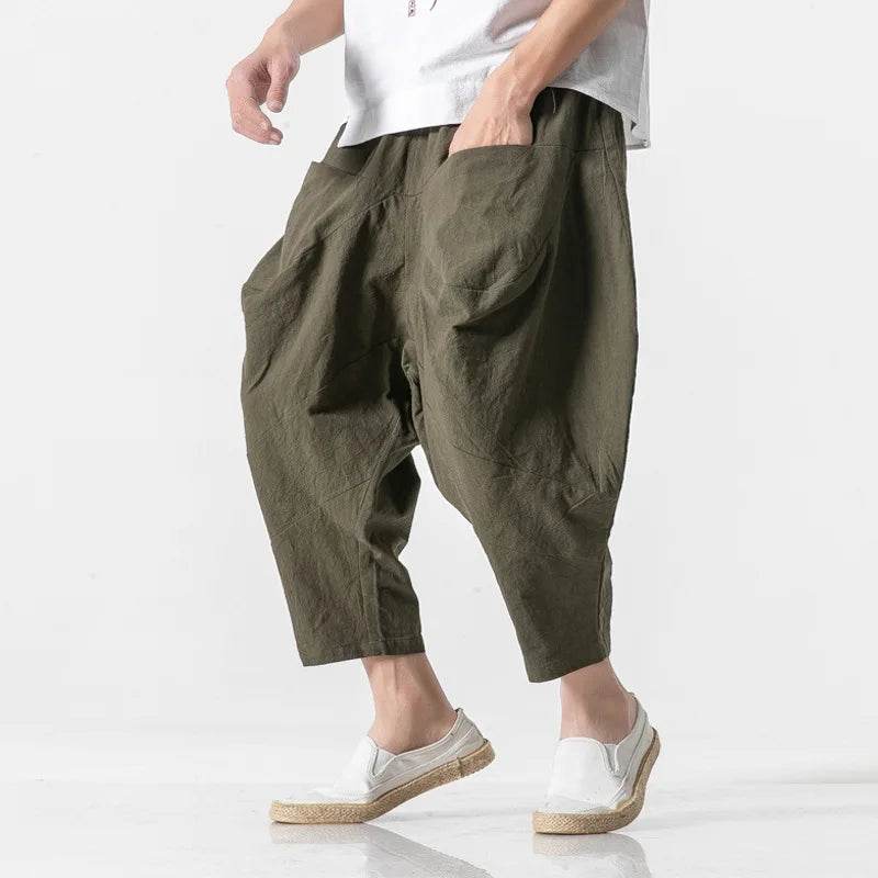 2025 Men Linen Pants Mens Wide Crotch Harem Pants Man Chinese Style Ankle-Length Pants Male Wide-Legged Bloomers Trousers - AIAZ
