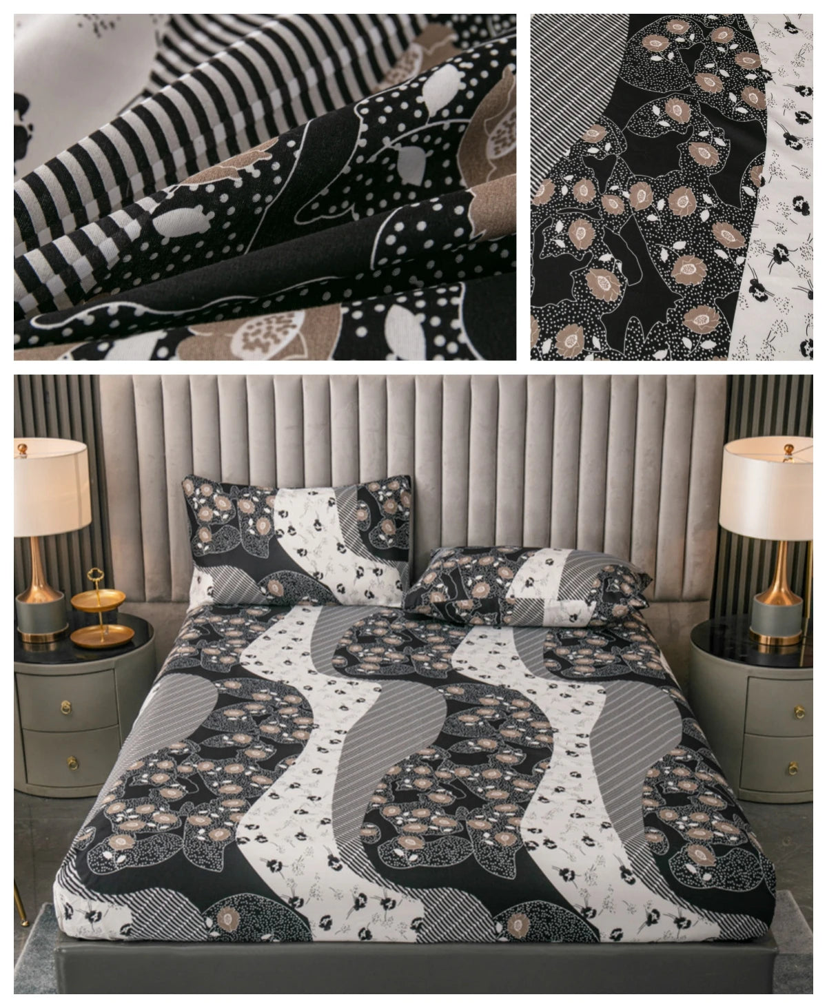 100% Polyester 3pcs Printed Sanding Fitted Sheet and pillowcases Set Elastic Band Around Mattress Cover King Size Bed Cover