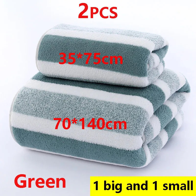 2PCS Thickened Absorbent Bath Towel Striped Pattern Towel Set Soft Face Towel for Home Bathroom Spa Quick Drying Microfiber