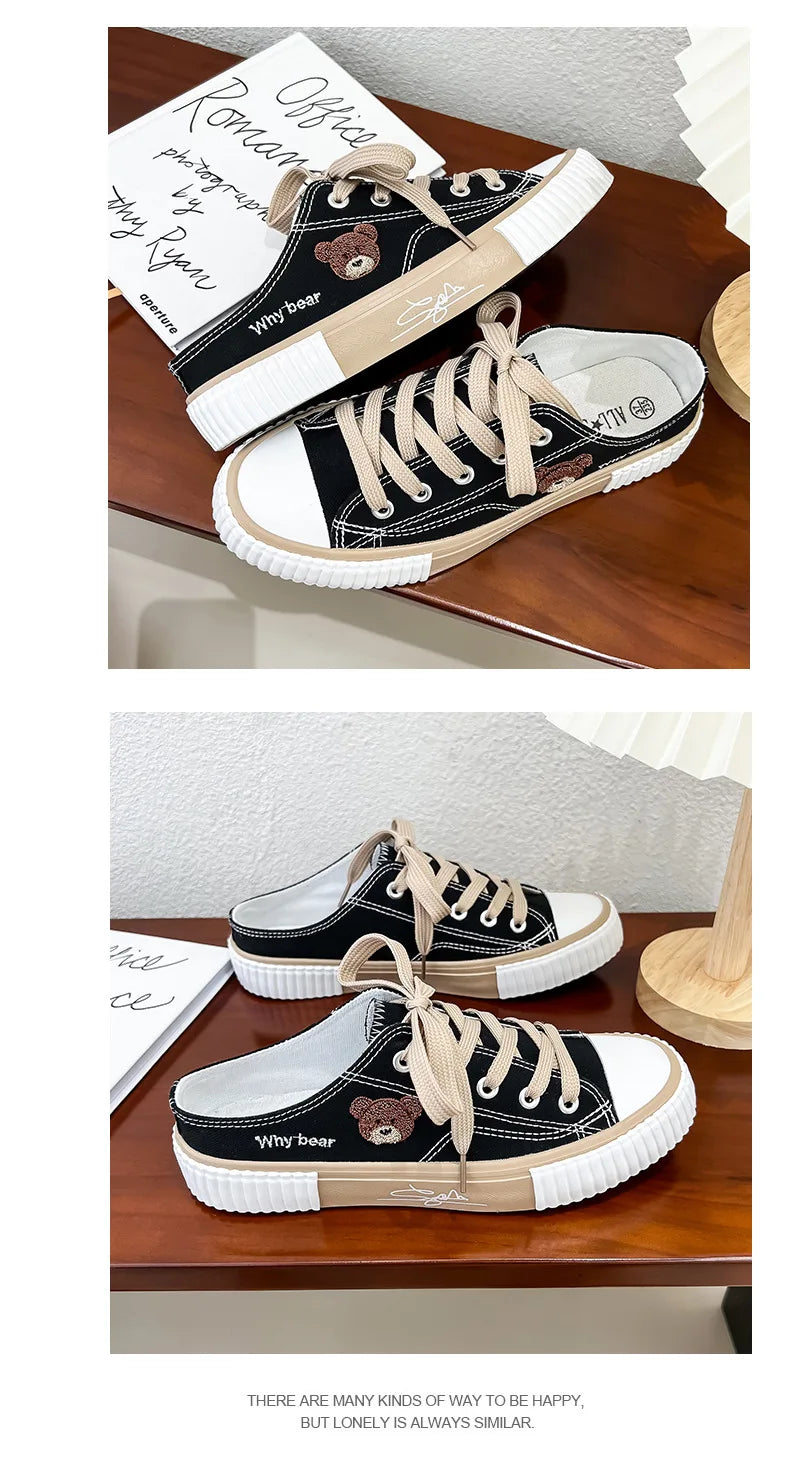 Women Cute Bear Canvas Shoes New Flat Casual All-match Half Slippers Korean Version Trend Lace Up Ladies Vulcanized Shoes 2024