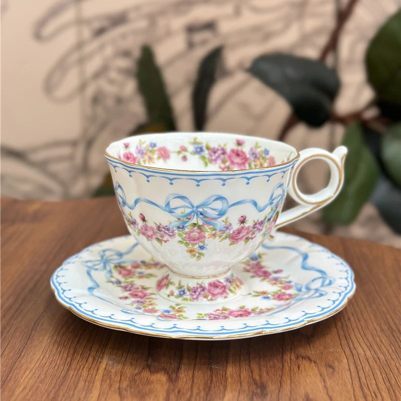 Ceramic Cup and Saucer Retro Bone China Coffee Cup French Romantic Elegant Floral Bow Afternoon Tea Drinkware Handmade Teapot