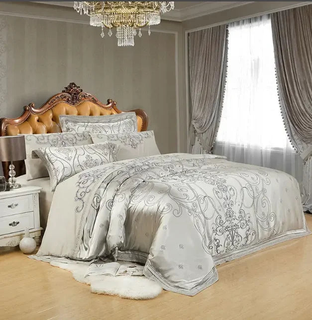 Sliver Gold Luxury Silk Satin Jacquard duvet cover bedding set queen king size Embroidery bed set bed sheet/Fitted sheet set
