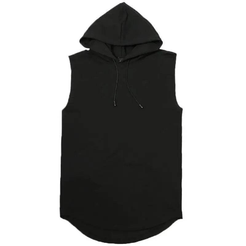 Men Tie Collar Hooded Sleeveless Vests Male Summer Loose Solid Hip Hop Tee Shirt Tops - AIAZ