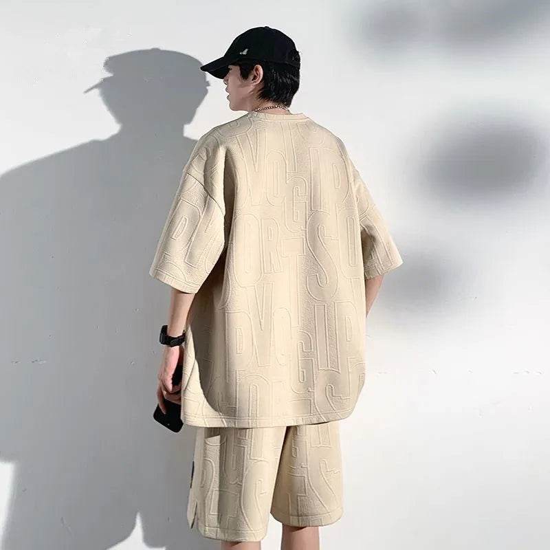 2025 3D Men's new Waffle TZ30 Summer Suit Casual T-shirt + Shorts Suit Men's Tracksuit Solid color tracksuit loose suit - AIAZ