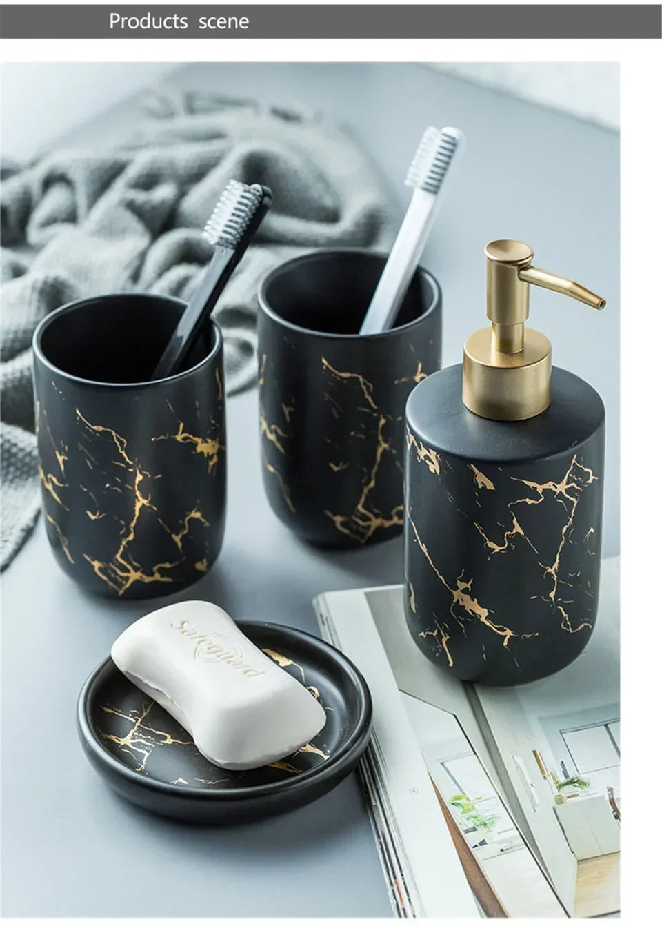 Marble Soap Dispenser Pump Bottle Ceramic Bathroom Accessory Set  Home Couple Mouthwash Cup Soap Dish Washing Tools Luxury