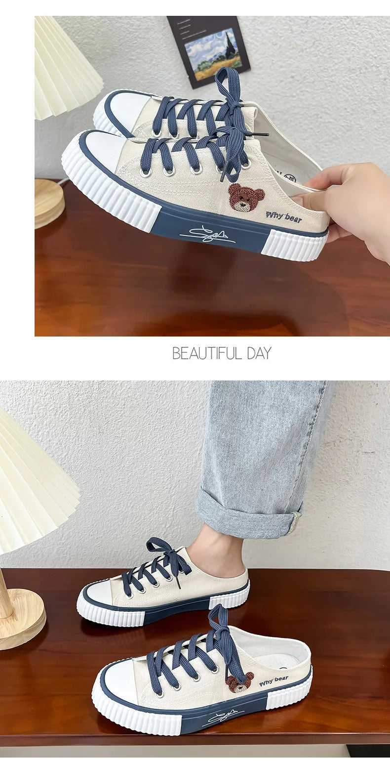 Women Cute Bear Canvas Shoes New Flat Casual All-match Half Slippers Korean Version Trend Lace Up Ladies Vulcanized Shoes 2024