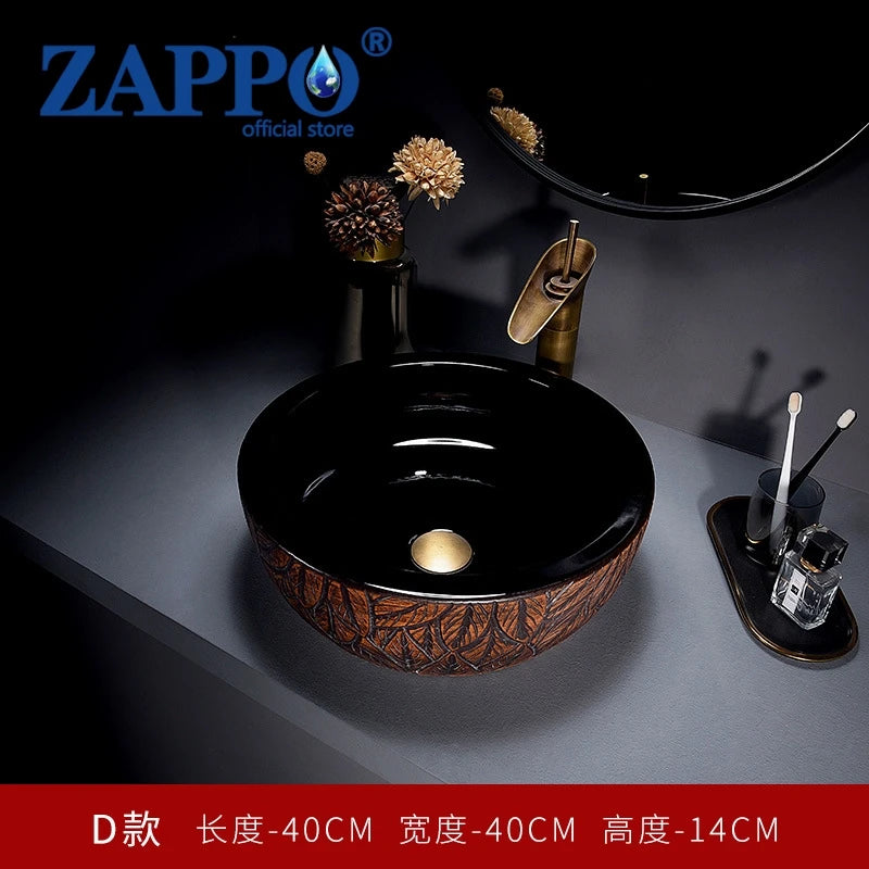 ZAPPO Round Vessel Sink with Faucet Drain JinDezhen Ceramic Vessel Sinks Oval Bathroom Sink Bowl Above Counter with Mixer Tap