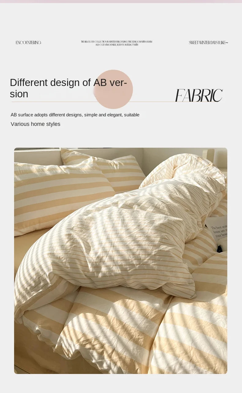 Washed Cotton Double Yarn Crepe Striped Quilt Set 3-4 Pillowcase with Sheet Bedding Cover Supplies 200x230 220x240 Skin Friendly