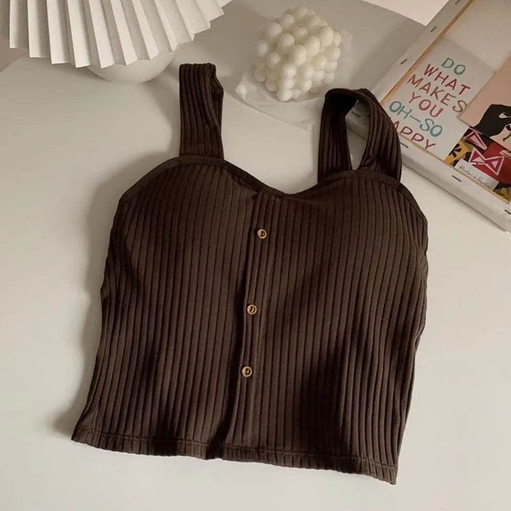 Women's Ribbed Tank Tops Y2K Cropped Tops with Bra Pads Knitted Button Down Suspenders Vest Sexy Camisole Female Short Tops - AIAZ