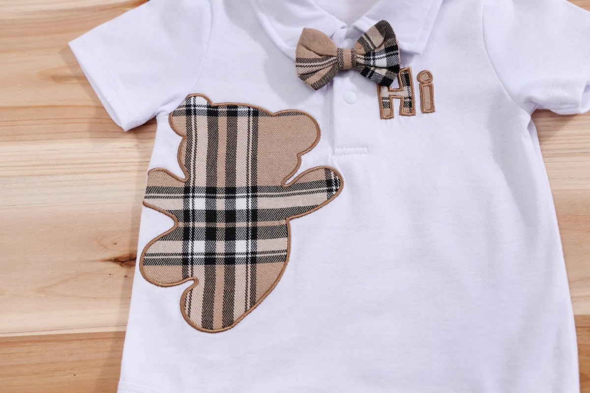 2PCS IURNXB Baby Clothes Sets Short Sleeve Boys Infant Plaid Bear Bodysuit+Suspenders Trousers Set Overall Newborn Outfits 1-18M