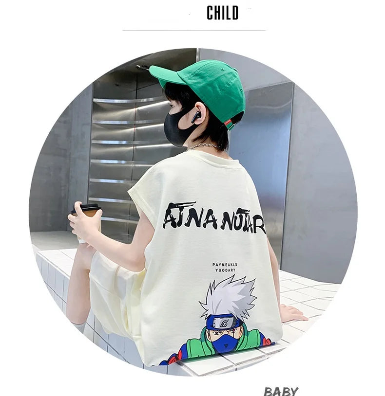 Summer Boys Cotton Sleeveless Cartoon T-Shirt Tops+Shorts Workout Sets School Kids 2PCS Tracksuit Children Jogging Outfit 5-16Yr