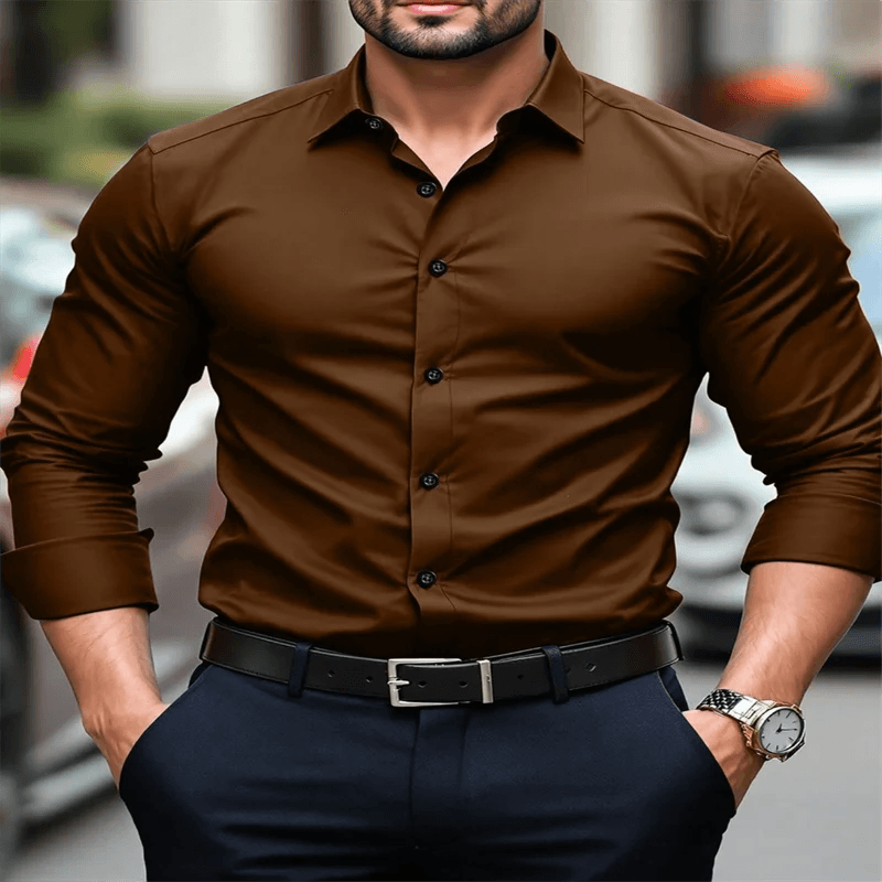 Men's classic formal navy blue dress shirt, long sleeve button down lapel shirt, slim fit, comfortable and soft - AIAZ