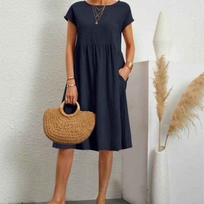 Women's Dresses 2025 Summer Fashion Casual Dresses Women Loose Mid Length Over Knee Dress New Short Sleeve Solid Dress Woman - AIAZ