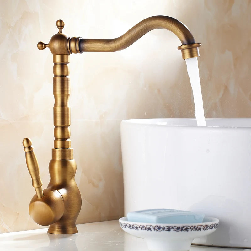 Antique Brass Bathroom Faucet Rotating Spout Basin Sink Mixer Tap Bathroom Kitchen Washing Faucet Washbasin Taps Kitchen Mixers