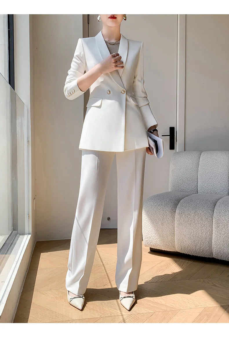 Solid White Suit Women 2025 New Spring Autumn Flares Pants High-Grade Slimming Business Clothing Sets Formal Suits Overalls