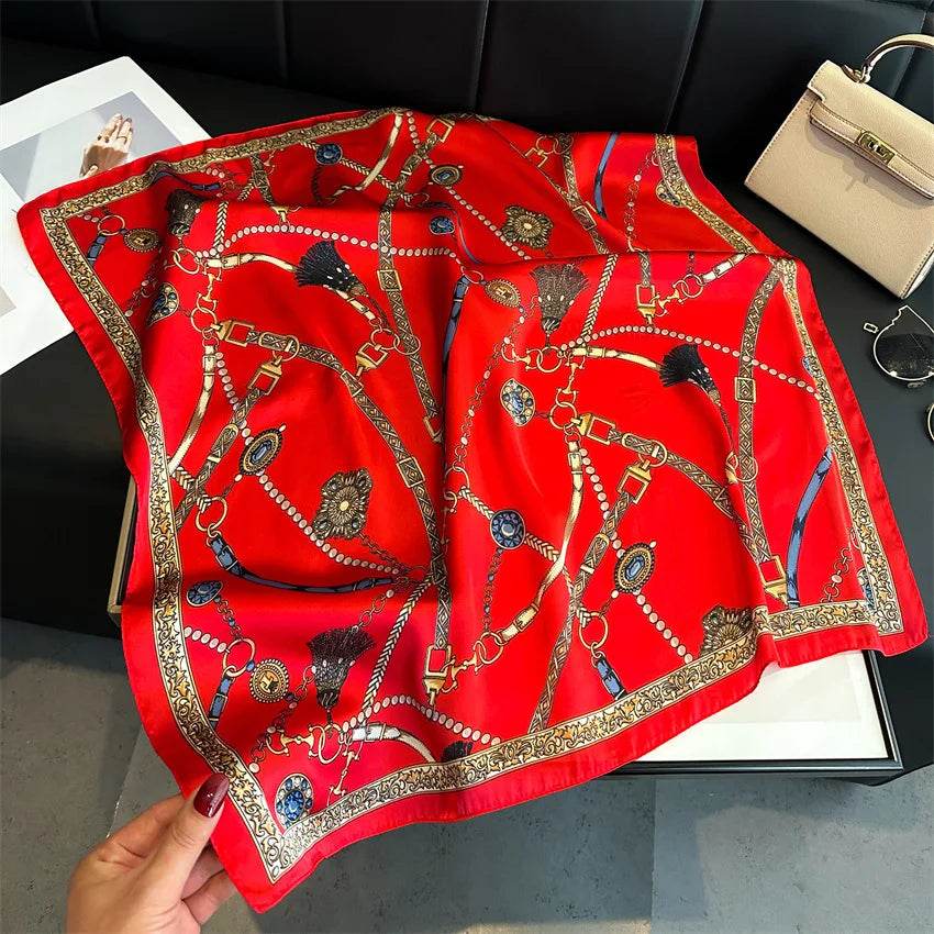 Luxury Chain Print Small Square Scarf Simulated Silk Thin Neck Scarf Fashion Sunscreen Headscarf For Women 70x70cm - AIAZ