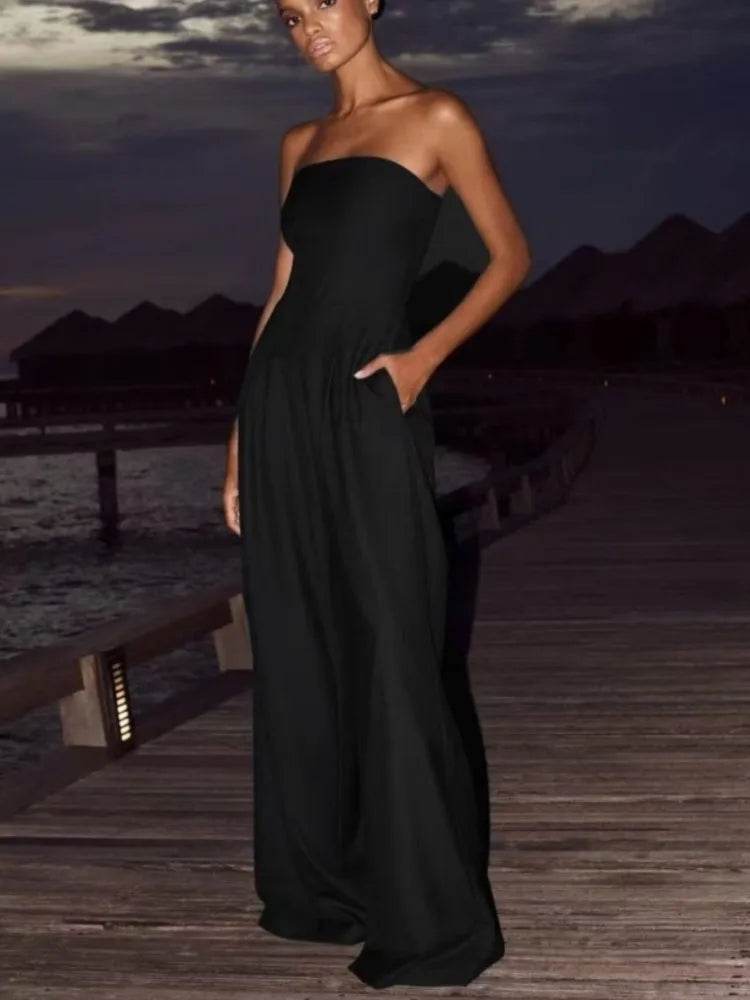 Summer Women Jumpsuit Fashion Strapless Solid Color Sleeveless Bandeau Loose Wide Legs Pants Casua Romper High Streetwear - AIAZ