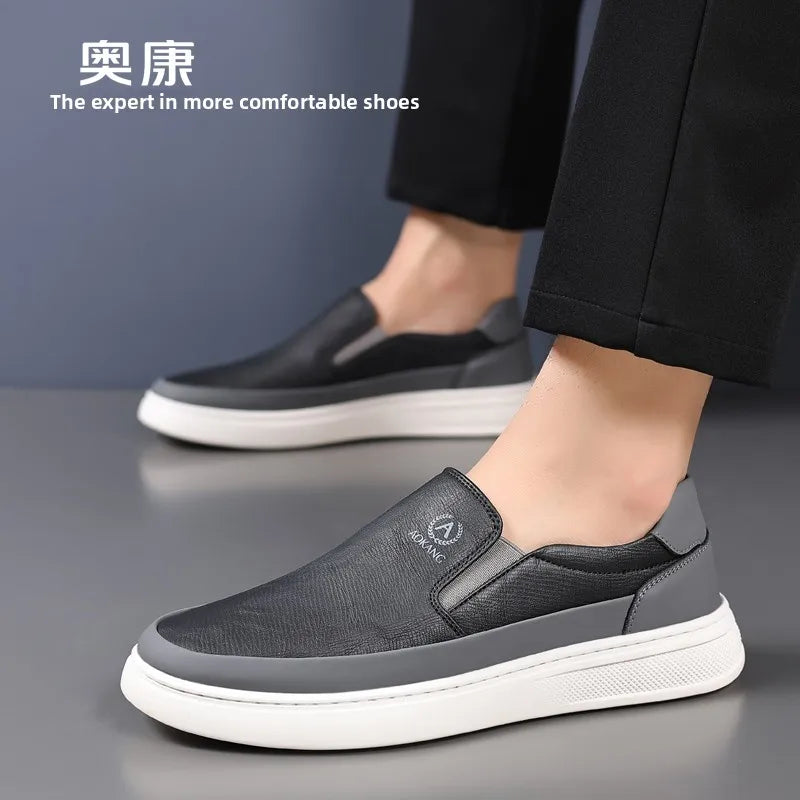 Aokang Men's Slip-On Casual oes Breathable Soft Bot Bean Leather oes Comfortable Rubber Sole Low Heel round Toe