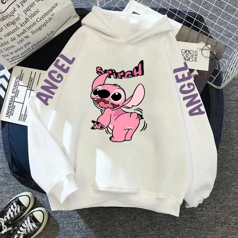 Boys Girls Disney Stitch Angel Cartoon Fun Print Fall and Winter Long Sleeve Top Kids Casual Comfortable Soft Hooded Sweatshirt