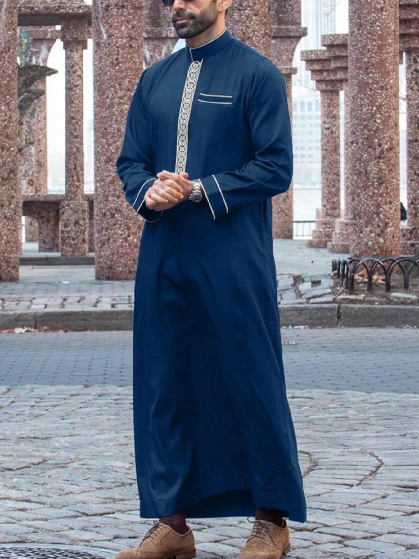 Muslim men's robe long-sleeved ethnic style embroidered stand collar Arabic clothing men's Islamic casual robe - AIAZ