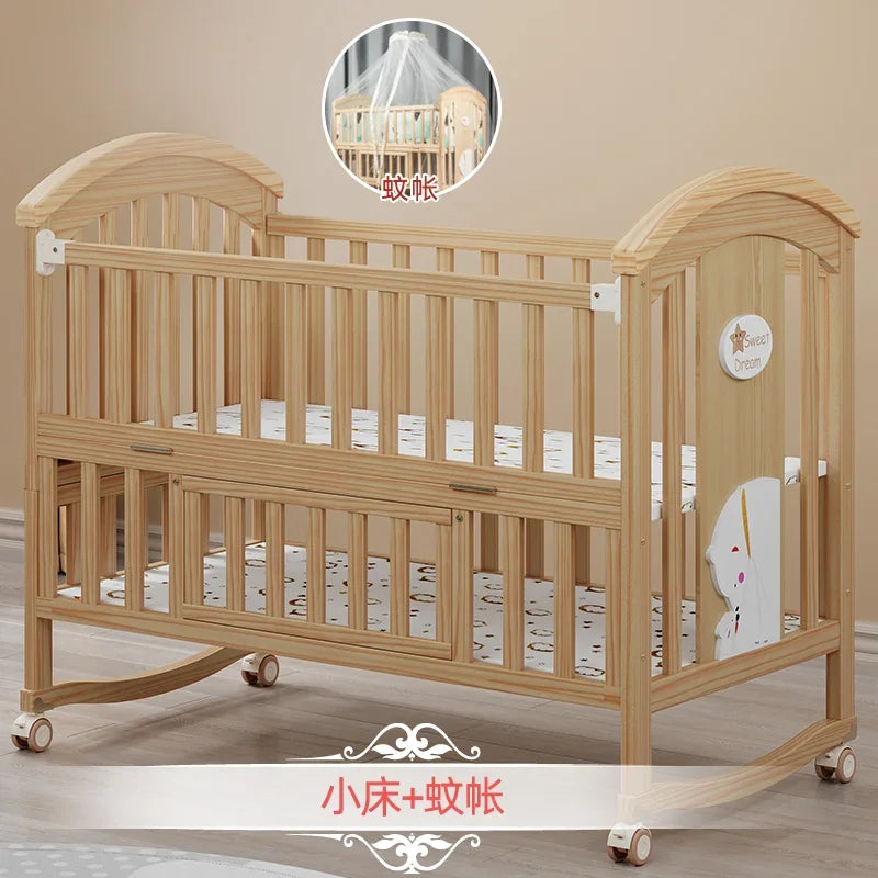 Baby Crib Multifunctional BB Baby Crib Solid Wood Unpainted Cradle Bed Movable Newborn Children Splicing Large Bed