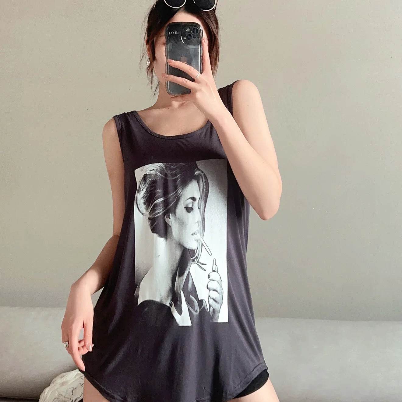 Women Long Tank Tops O-Neck Fashion Print Beauty's Head Casual Loose sleeveless T-shirt streetwear camis tops - AIAZ