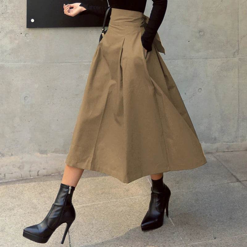 Skirts Womens Korean Fashion Solid Color Big Swing Ladies Skirt Long Skirt 2025 Autumn Wild High Waist Bow Slim Skirts - AIAZ