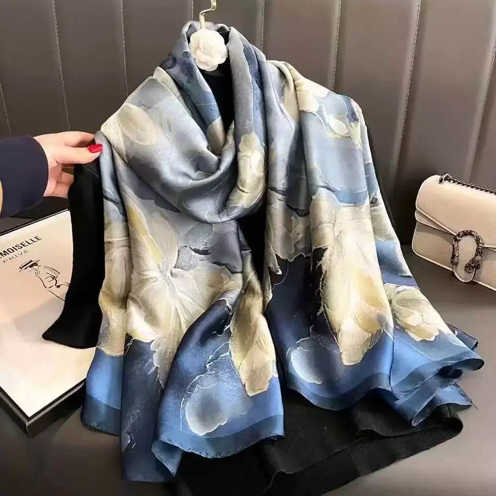 New Summer Women's Silk Scarf Sun Protection Satin Print Extra Long Beach Cover Up Decorative Mom's Shawl Fashionable Accessory - AIAZ