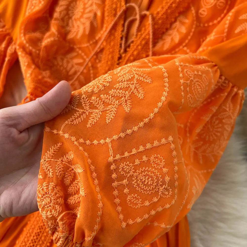 New Women Lantern Sleeved Elegant Dress Summer French Hollowed Out Mid Length Dresses Korean Style Vintage Long Dress - AIAZ