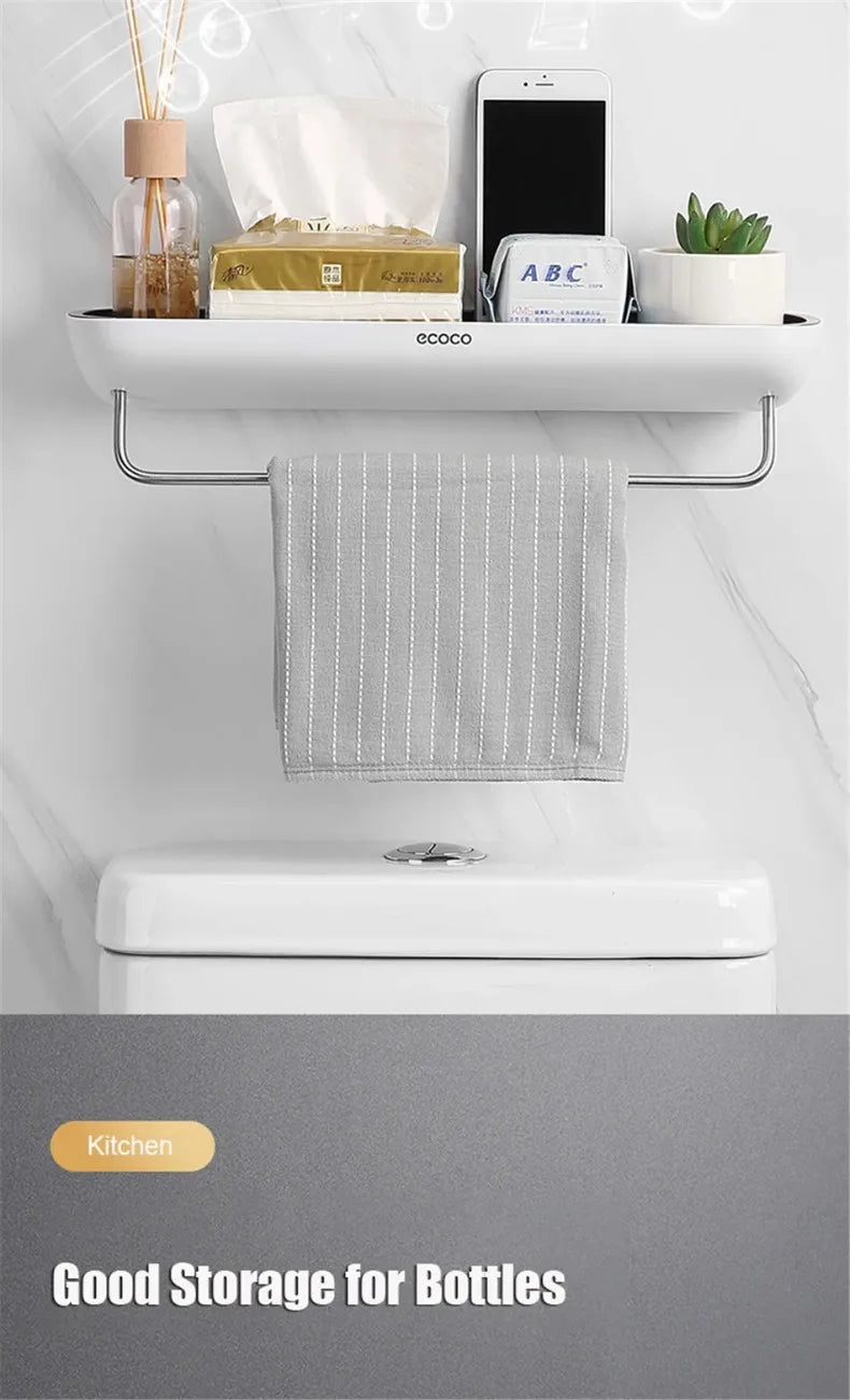 ECOCO Bathroom Shelves Organizer Storage Rack Wall Mount Towel Shelf Shampoo Rack with Towel Bar Rack Kitchen Accessories
