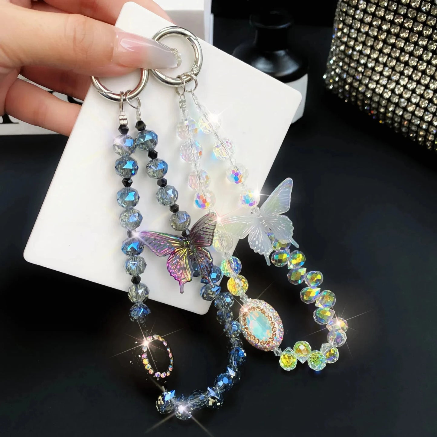 Light Luxury And High-end Phone Chain Three-dimensional Butterfly Crystal Pendant Chain Diamond Beads Keychain Anti-loss rope
