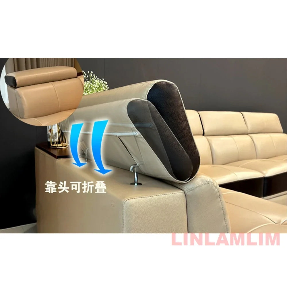 MINGDIBAO Modern Minimalist Genuine Leather Sectional Sofa with Console, Storage and Speaker Italian Leather Living Room Couch