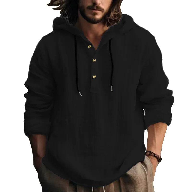 24 New cotton and linen shirts hooded loose large size casual sweater long sleeve hoodie men - AIAZ