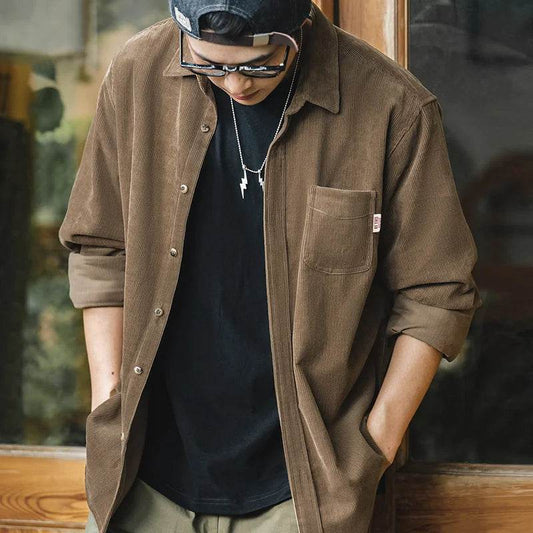 Maden Men's Shirt Casual Corduroy Long Sleeve Shirts Slim Fit Overcoat Spring Fleece Jacket Men's Clothing Retro Fashion Blouses - AIAZ