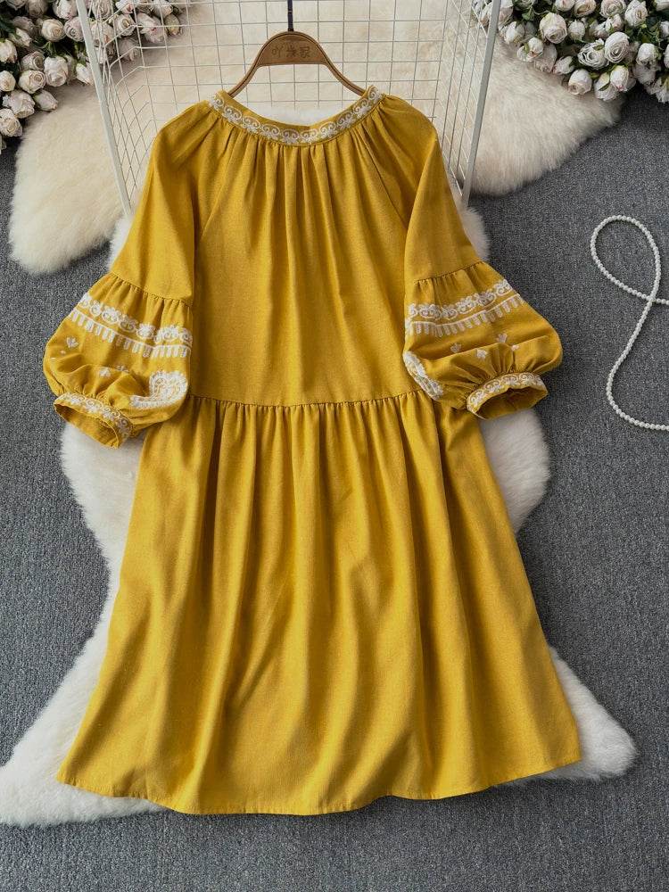 Women's Spring Summer Dress Bohemian Retro Ethnic Style Diamond Cotton Linen Blend Embroidered Lantern Sleeves Mini Dress A20 - AIAZ